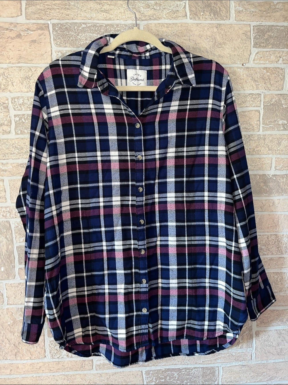 Blue Plaid Button-Up with Pink Accent